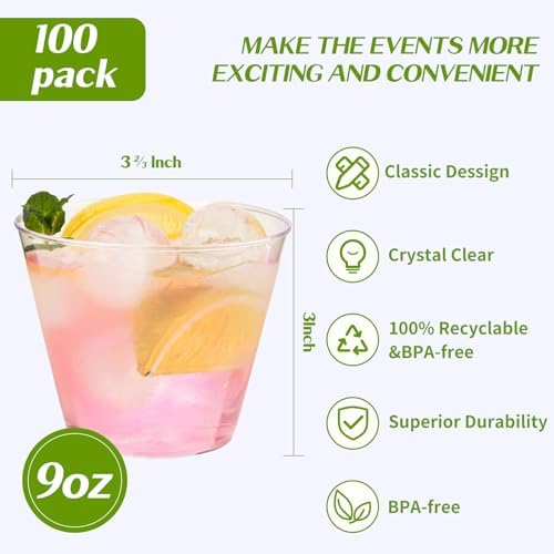 RACETOP 9 oz Clear Disposable Plastic Cups 100 Pack