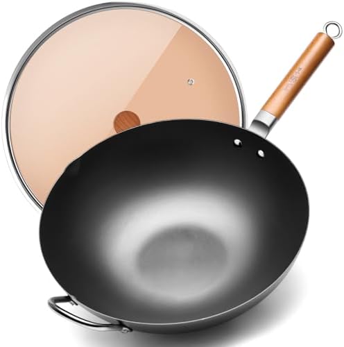 WANGYUANJI 14.2" Carbon Steel Wok with Lid, Flat Bottom Chinese wok