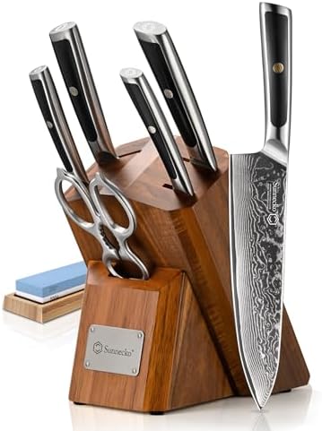 Sunnecko 7-Piece Damascus Kitchen Knife Set with Block, VG10 Core, Forged