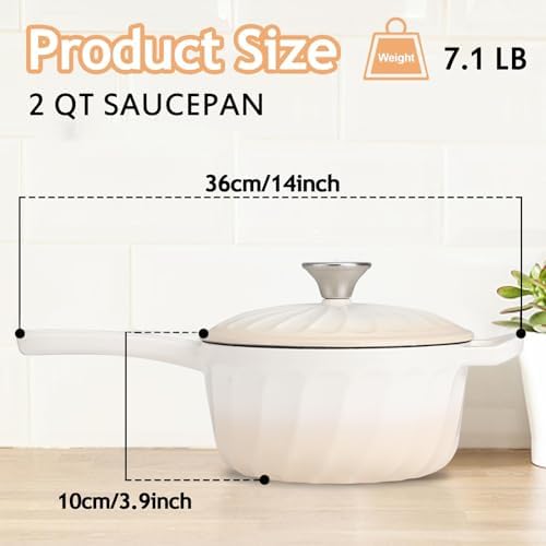 Enameled Cast Iron Sauce Pan with Lid, 2 Quart Saucepan with Lid