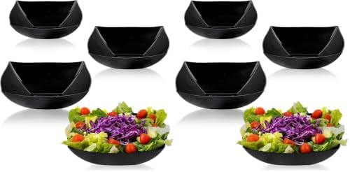 PLASTICPRO Disposable Square Serving Bowls, Party Snack or Salad Bowl, Plastic Black Pack of 8, 32 OUNCE, Black