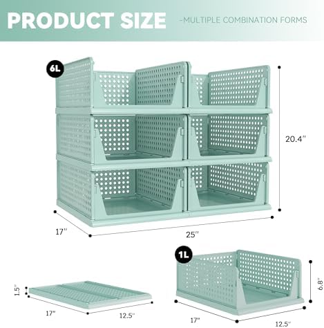 Pinkpum Green Boy Closet Organizers and Storage Stackable Plastic Drawer Basket for Clothing Stackable Storage Bins Shelf Storage Container for Rv Closet Wardrobe Bedroom Bathroom Playroom Man 6 Pack