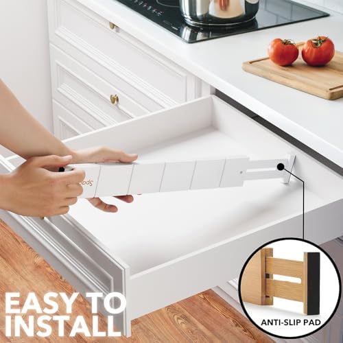 SpaceAid Bamboo Drawer Dividers with Inserts and Labels, Kitchen Adjustable Drawer Organizers, Expandable Organization for Home, Office, Dressers, 7 Dividers with 15 Inserts (17"-22" White)