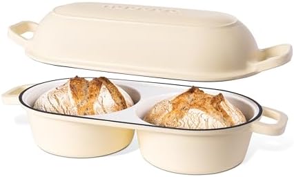Dutch Oven For Sourdough Bread Baking – Enamelled Cast Iron Bread Loaf Pot – 500°F Oven Safe Non Stick Bread Pot – Double Round Loaf Space, 16.5cm Diameter, Cream, – by Nuovva