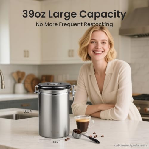 Veken Coffee Canister,39OZ, 2.2lbs,Large Airtight Stainless Steel Container Kitchen Food Storage Jars for Beans,Ground, Espresso, Rice,Tea, Sugar, Cereal, Gifts, Date Tracker, Scoop, Silver(Pack of 2)