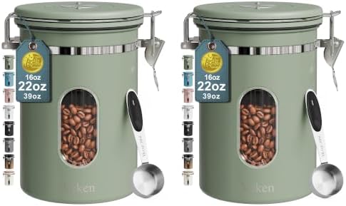 Veken Coffee Canister with Window, Airtight Stainless Steel Container,Date Tracker, Kitchen Food Storage Jars for Beans, Ground, Espresso, Rice,Tea, Sugar, Cereal, Gifts, Scoop,Green, 22OZ (Pack of 2)