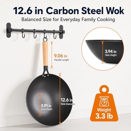 12.6" Carbon Steel Wok Pan, Flat Bottom Stir Fry Wok with Spiral Thread Interior, Coating‑Free Naturally Seasoning Wok, Compatible with Gas, Electric & Induction Cooktops