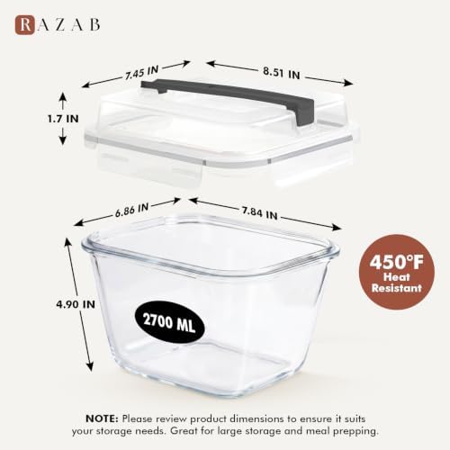 Razab 2700ml / 91oz / 11.5 Cups Large Glass Food Storage Container with Lid - Leakproof Glass Meal Prep Container for Roasting & Storing Leftovers, Glass Lunch Container, Microwave & Oven Safe