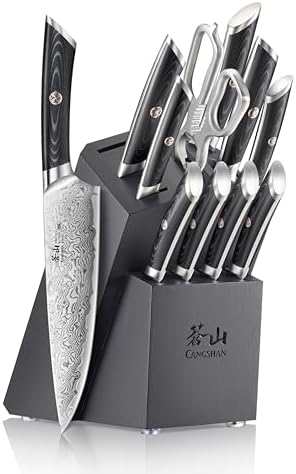 Cangshan KURO Series 12-Piece Knife Block Set, High Carbon X-7 Damascus Steel, Gray, 504340