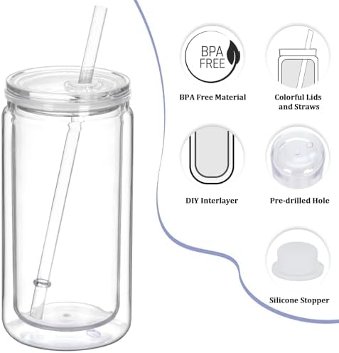 12 Pack Plastic Snow Globe Tumbler with Pre Drilled Hole, 16 Oz Double Wall Plastic Can with Lid and Straw, Mason Jar Mug for Snow Globe Glitter DIY Gift (Clear)