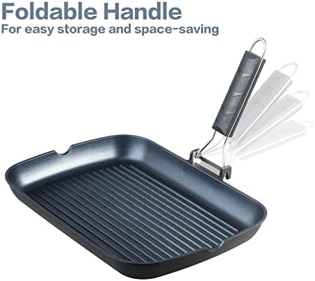 S·KITCHN Grill Pan with Folding Handle, Nonstick Grilling Pan for Stove Tops, Induction Compatible Rectangle KBBQ Pan with Pour Spouts - 13 × 9IN