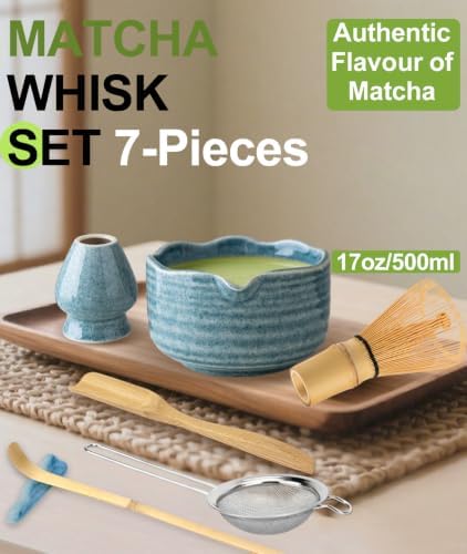 JBER Matcha Set with 17oz Ceramic Bowl, Bamboo Whisk, 7PCS Matcha Whisk Set