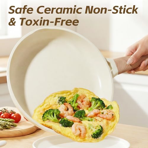 UESLUCK 11 Inch Creamic Non Stick Frying Pan With Lid- Large Creamic Skillet With lid, Omlet Pan Non Stick With Cool-Touch Handle, PFAS & PTFE Free, Compatible with All Stovetops