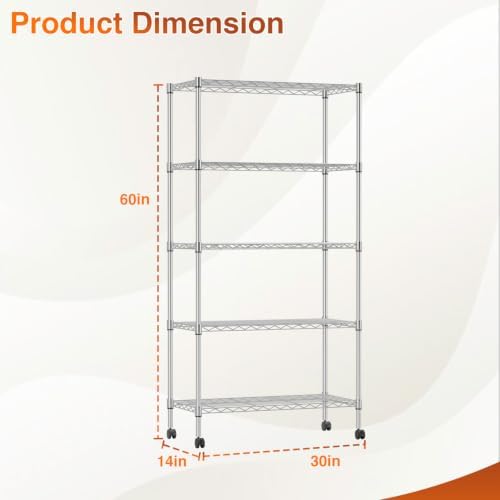BestOffice | 5-Tier Wire Shelf with Wheels | 14" x 30" x 60" | Chrome