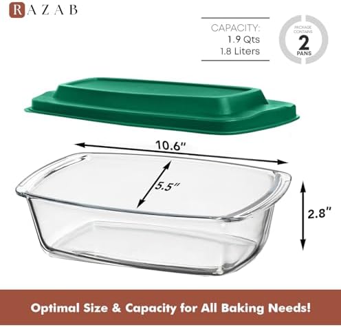 Razab (2 Pack 1800ml / 1.9 Qt Large Glass Bread Baking Pan Set with Lids