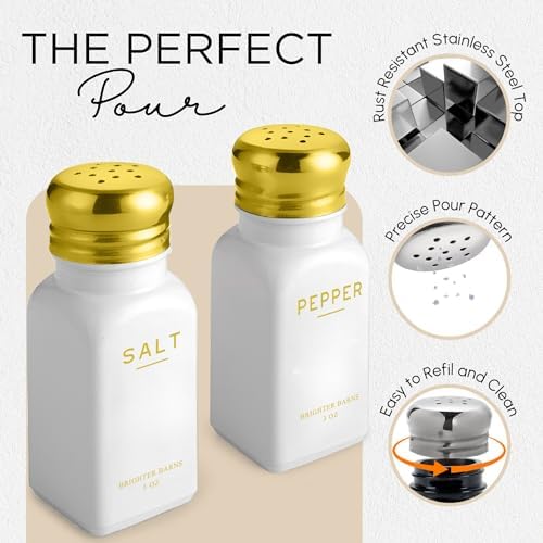 Gold Salt and Pepper Shakers Set by Brighter Barns - Modern Kitchen Decor, White and Gold Kitchen Decor & Accessories - Vintage Glass Shakers with Stainless Steel Lids for Home, Restaurant
