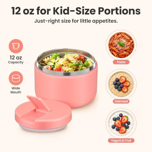 Pawtong 12oz Insulated Vacuum Food Jar with Buckle Lid Wide Mouth Soup Thermo for Hot Food Kids Leakproof Stainless Steel Lunch Container- Pink- 1Pack