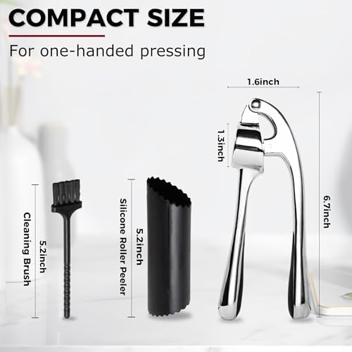 Kitessensu High Effective Premium Garlic Press Set, With Silicone Garlic Peeler & Brush, Heavy Duty Garlic Mincer, Easy to Squeeze and Clean, Rust Proof - Gloss Silver
