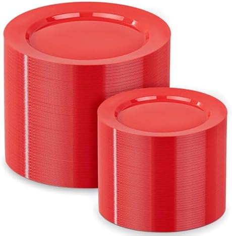 FLOWERCAT 200PCS Red Plastic Plates Disposable Plates for Party - Heavy Duty Plastic Plates - 10" &7" Plate for 100 Guests Parties and Events &July 4th