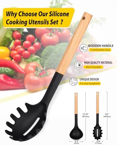 BUNDLEPRO Silicone Soup Ladle and Pasta Spoon Set with Wooden Handle