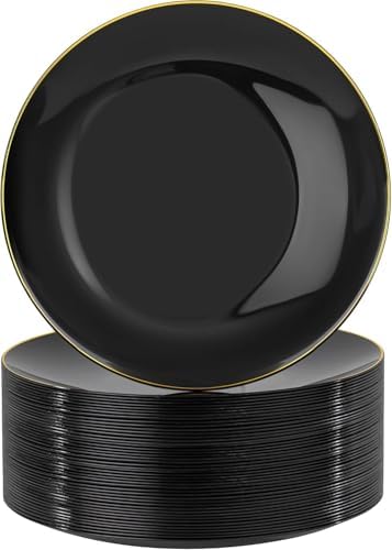 Nervure 100PCS Black and Gold Plastic Plates 10.25″Disposable Dinner Plate