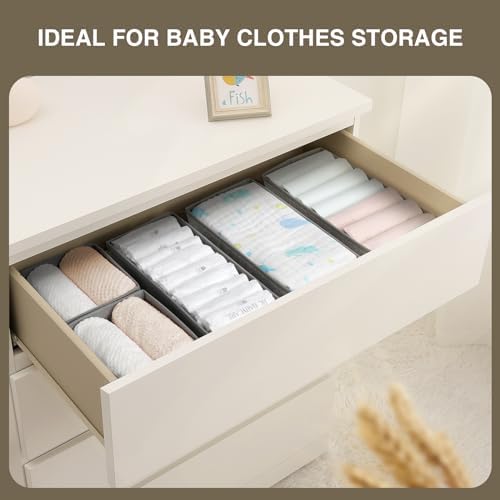 DIMJ Drawer Organizer Clothes, Dresser Organizer For Nursery, Bedroom, Closet, Baby Clothes Organizer and Storage, Foldable Fabric Drawer Dividers for Baby Socks, Belt, Tie (4 Pack, Blended)