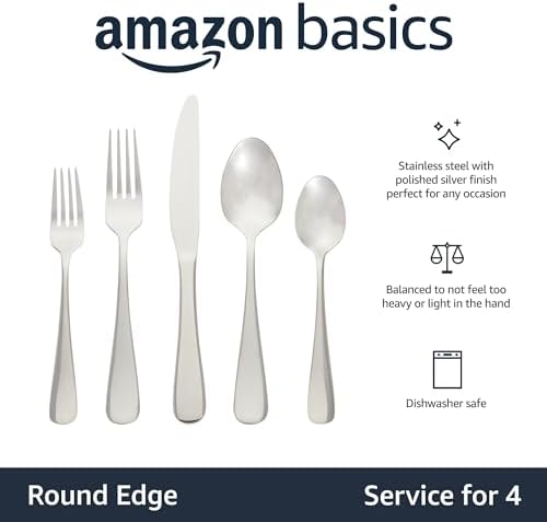 Amazon Basics Silverware Set, Stainless Steel Flatware, Dishwasher Safe, Service for 4, 20-Piece Forks and Spoons, Round Edge, Everyday Use