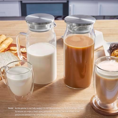 Bivvclaz 1.2 Liter 40 oz Small Glass Pitcher with Lid and Handle, Glass Carafe for Hot/Cold Water, Iced Tea Jug for Coffee, Juice and Homemade Beverage (Pack of 2)