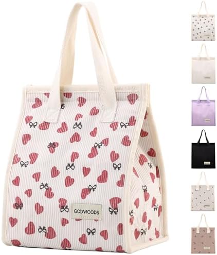 TELLUMO Corduroy Insulated Lunch Bag, 7.75L Large Capacity Reusable Lunch Box, Cute Lunch Tote for Women Men, Leakproof Lunch Cooler for Work Picnic Travel (Corduroy Love)