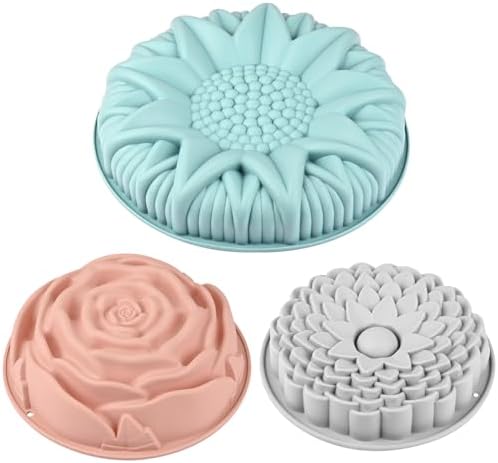 Sakolla 3 Pack Flower Shape Silicone Cake Molds, Large Round Silicone Molds for Baking Cake, Breads, Pies, Tarts (Rose, Chrysanthemum, Sunflower)