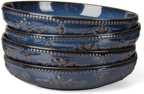 Artena Pasta Bowls, 50oz Large Salad Serving Bowls, 9.75'' Plates Bowl Set of 4, Big Ceramic Soup Bowl for Kitchen, Embossment Shallow Dinner Bowl, Microwave Dishwasher Safe, Damask Floral, Blue