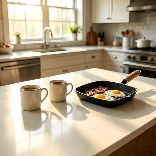 Cast Iron Grill Pan, 8.6 inch Griddle Pan Skillet with Pour Spout & Wooden Handle