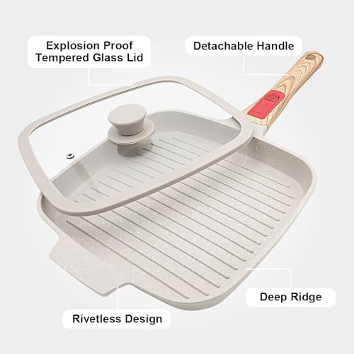 RANX INGST Griddle Pan with Lid, 10 Inch Non Stick Grill Pan, White