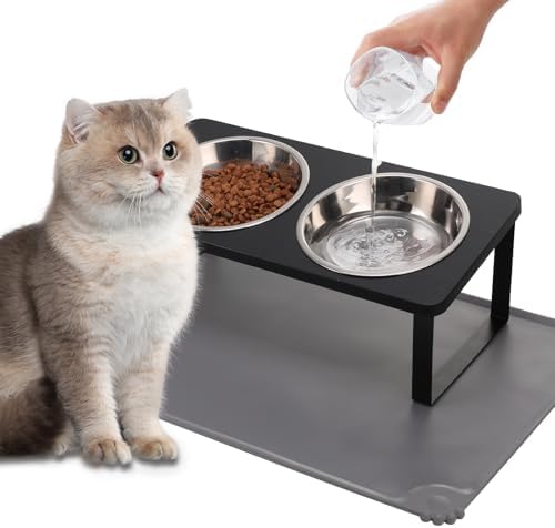 Summark Upgraded Elevated Cat Bowls with Food Mat,15°Tilted Stand Anti Vomiting Raised Cat Dishes for Food and Water,2 Stainless Steel Bowls for Cats and Puppy（Black）