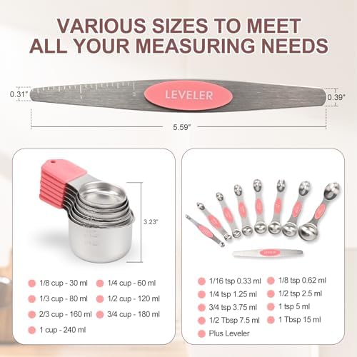 16-Piece Magnetic Measuring Cups and Spoons Set, Stainless Steel, Pink
