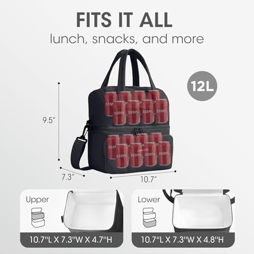 Double Decker Lunch Bag Women Men With Cup Holder, Black