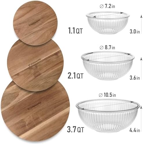 Stackable Glass Mixing Bowls with Acacia Lids Set of 3