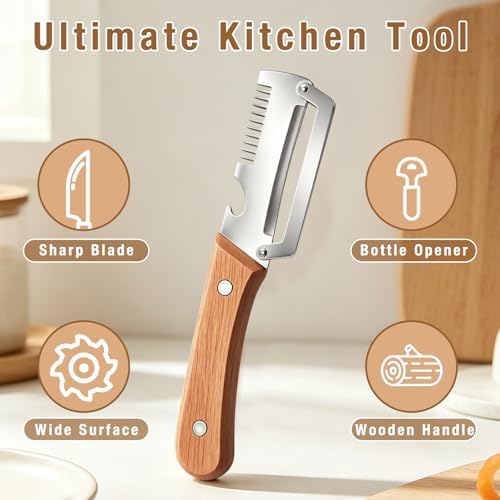 2Pcs Multifunctional Vegetable Peeler,Zero Snag Wooden Peeler,Zero Snag Wooden Kitchen Tool with Grater Bottle Opener,3 in 1 Kitchen Gadgets Stainless Steel Peelers for Pumpkin Potato Carrot Apple