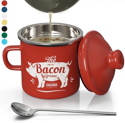 Bacon Grease Container with Strainer-15OZ Enamel Saver, Dishwasher Safe