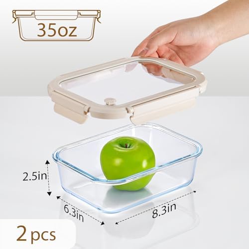 NUTRIUPS Glass Food Storage Containers with Glass Lids, 35 OZ, Set of 2