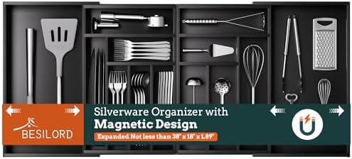 Silverware Organizer Large, Magnetic Connected Expandable 13 Slots Silverware Drawer Organizer From 21 to 37.4 Inches, Adjustable Flatware and Cutlery Holder, Bamboo Utensil Tray for Kitchen Black