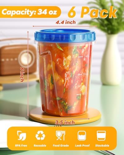 BiuLeon 6 Pack-34 oz Freezer Storage Containers, Plastic Food Storage Containers with Twist Top Lids, BPA Free and Reusable Soup Containers with Lids, Leakproof/Microwave/Dishwasher Safe