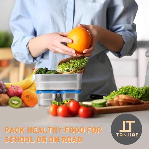 Tanjiae 3 CUP+1 CUP Stainless Steel Lunch Snack Containers Set | Leak Proof 304 Stainless Steel Food Containers with Silicone Lids - Perfect Metal Lunch Box for Home and Travel (25oz+8oz*2)