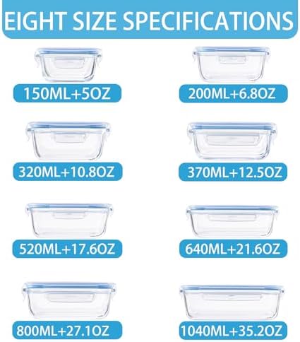 8 Pack Glass Food Storage Containers with Lids(Blue)