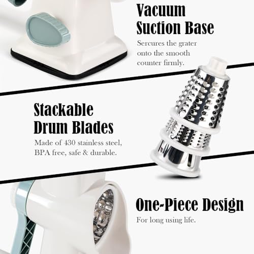 Badelite Cheese Grater Hand Crank Rotating Cheese Shredder Stainless Steel Vegetable Slicer Grater for Kitchen 3 Blades for Cheese, Carrot, Cucumber, Nuts, Chocolate, White