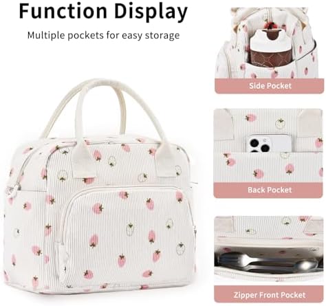 Lunch Bag Women Lunch Box for Women Adult Cute Insulated Lunch Bag Lager Cooler Lunch Tote Bags for Work Picnic (Beige-Light Strawberry)