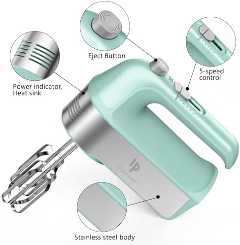 Hand Mixer Electric, 450W Kitchen Mixers with Scale Cup Storage Case, Turbo Boost/Self-Control Speed + 5 Speed + Eject Button + 5 Stainless Steel Accessories, For Easy Whipping Dough, Cream, Green