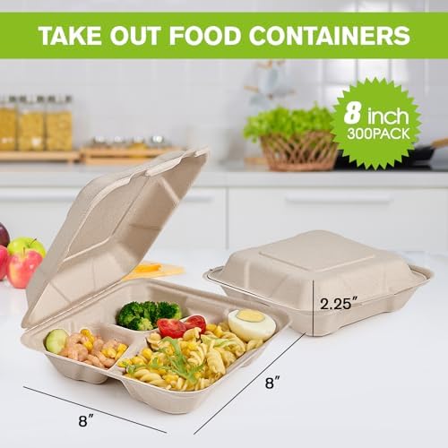 ECOLipak 300 Pack Compostable Take Out Food Containers 8 inch,3 Compartment