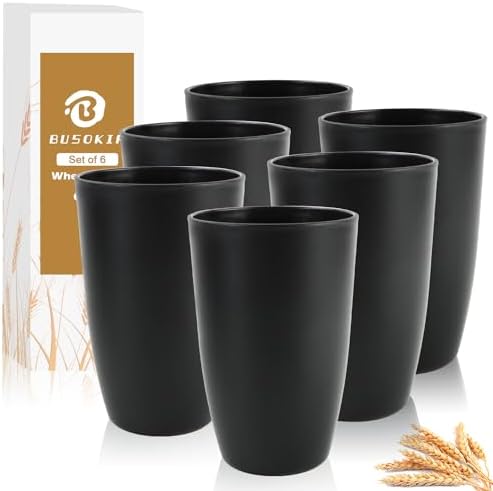 20 OZ Wheat Straw Cups SetS of 6, Unbreakable Drinking Cup (Black)