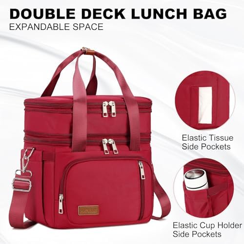 MAPLELILY Lunch Box for Men Women - Double Deck Insulated Lunch Bag, Large Leak Proof Tote Cooler, Wide Open Dual Compartment Lunch Bags with Shoulder Strap, For Work Picnic Hiking Beach, Red